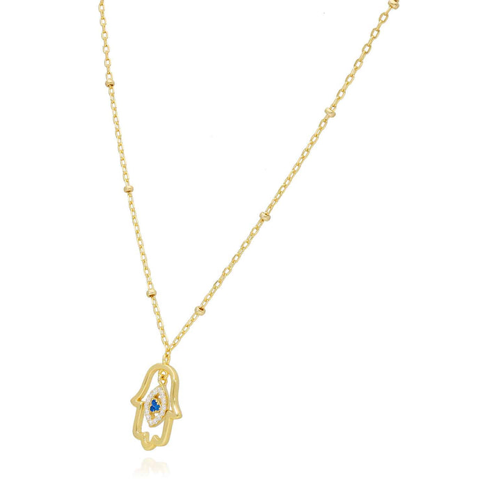 14K Yellow Gold Over Sterling Silver 1.5mm Saturn Cable CZ Hamsa Necklace (Solid Links) 16"-18"