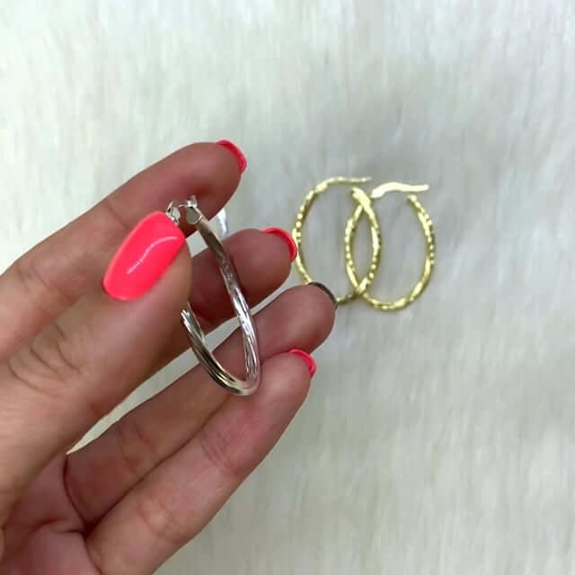 Yellow White Gold Tone Twisted Tube Diamond-Cut Oval 925 Silver Hoop Earrings