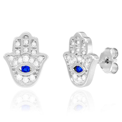 925 Sterling Silver CZ Sapphire Eye Hamsa 11.5mm Stud Earrings