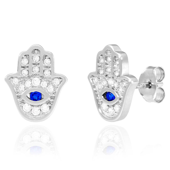 925 Sterling Silver CZ Sapphire Eye Hamsa 11.5mm Stud Earrings