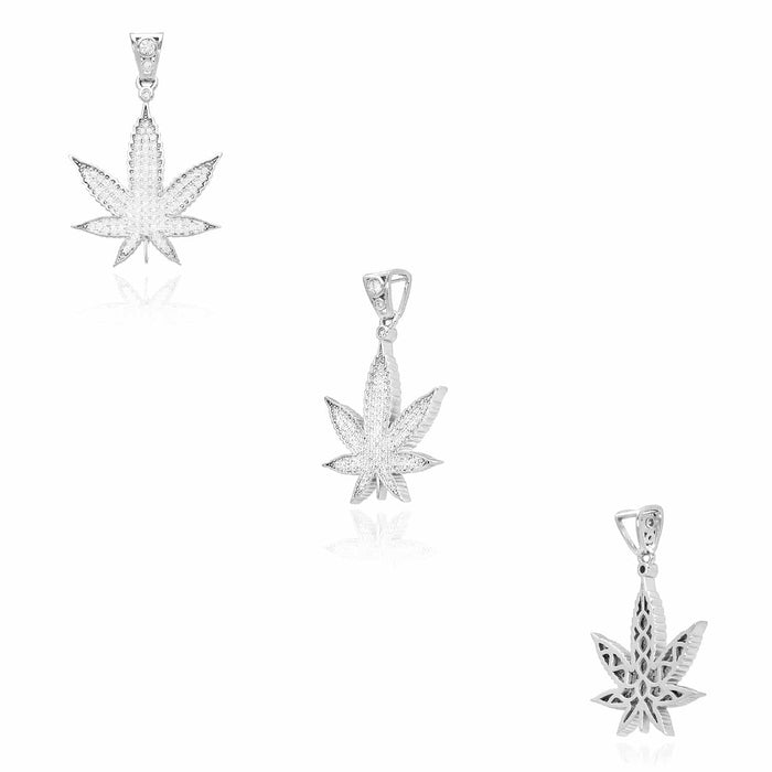 14K Gold Over Sterling Silver CZ Pave Marijuana Hemp Pendant 1.8"