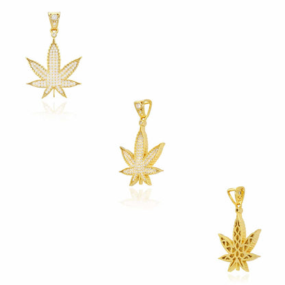 14K Gold Over Sterling Silver CZ Pave Marijuana Hemp Pendant 1.8"