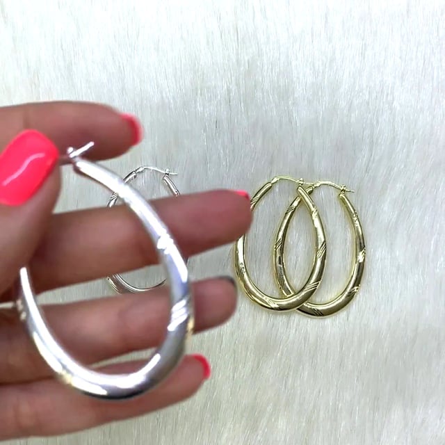 925 Sterling Silver Yellow White Gold Tone Diamond Cut 51mm Oval Hoop Earrings