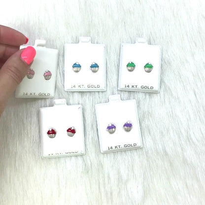 Kid's 14K Yellow Gold Enameled Large Cupcake Screw Back Stud Earrings