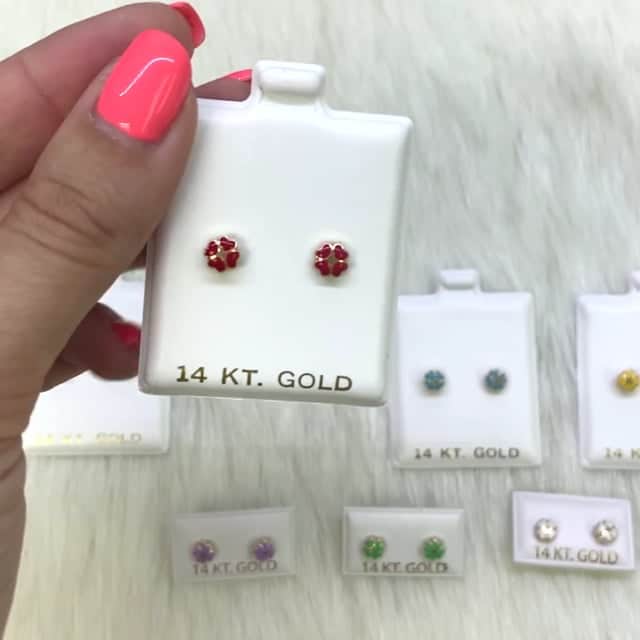 14K Yellow Gold Enameled Heart Flower Kids Earrings