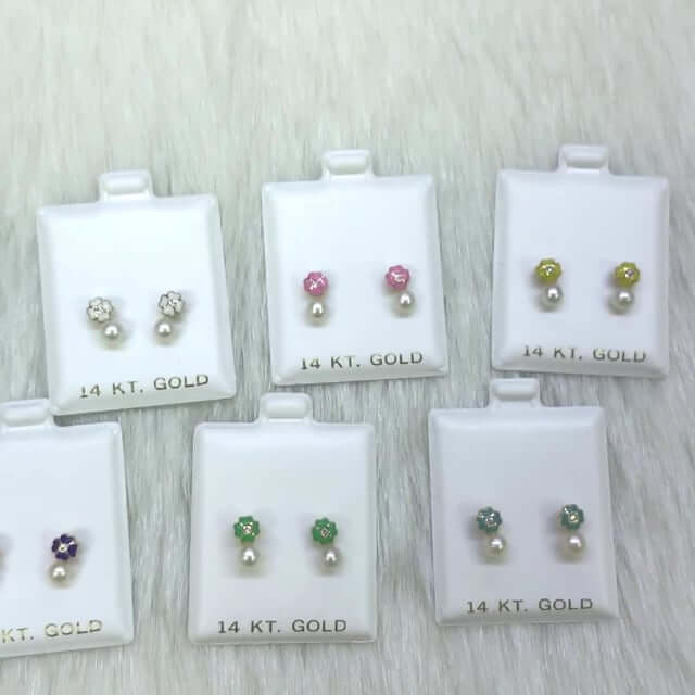 14K Yellow Gold Enameled Flower Pearl CZ Screw Back Stud Earrings