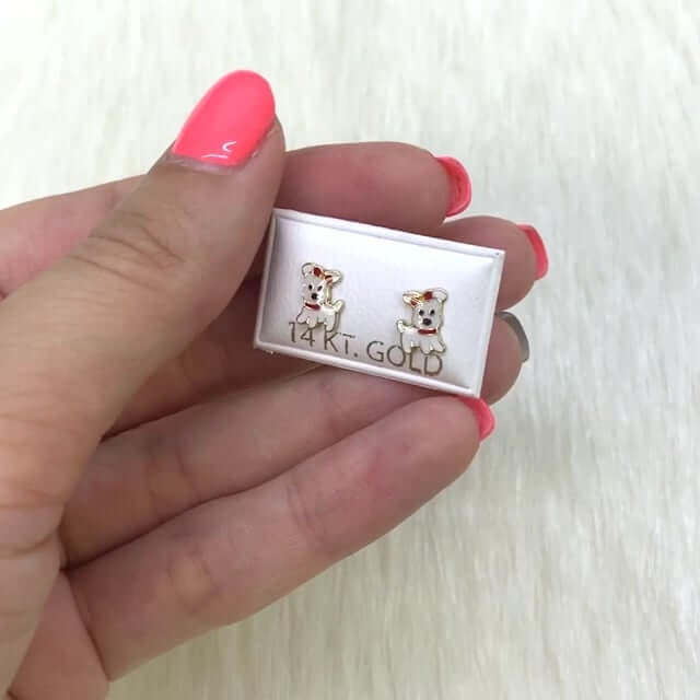 Kids 14K Yellow Gold Enamel Puppy Dog Screw Back Stud Earrings