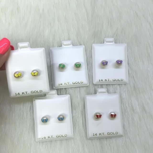 Kids 14K Yellow Gold Enameled Butterfly On White Pearl Screw Back Stud Earrings