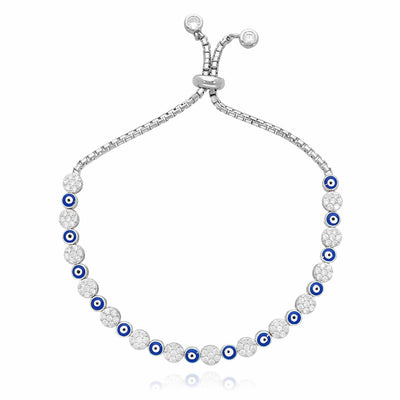Sterling Silver White Sapphire Cluster Evil Eye Bolo Bracelet 5.25"-9.25" Adjustable