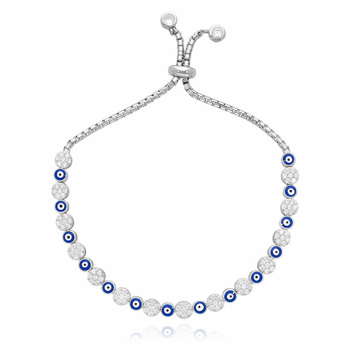 Sterling Silver White Sapphire Cluster Evil Eye Bolo Bracelet 5.25"-9.25" Adjustable
