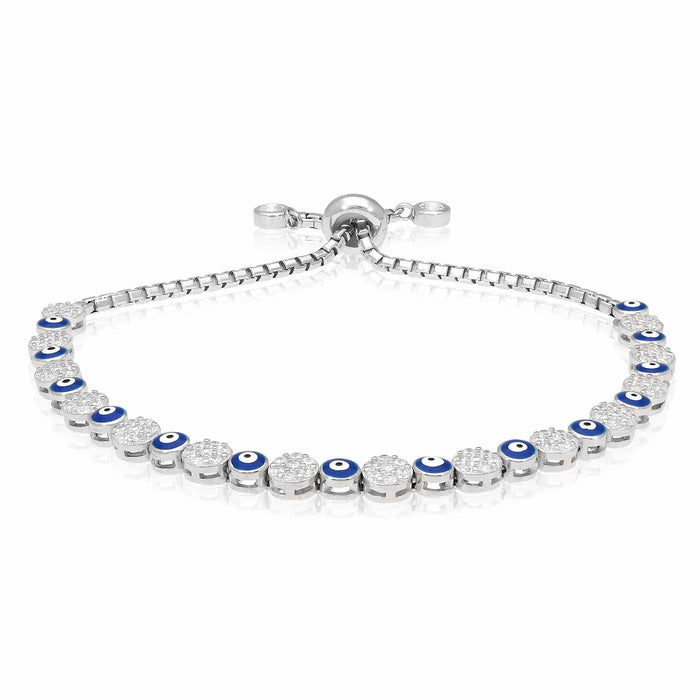 Sterling Silver White Sapphire Cluster Evil Eye Bolo Bracelet 5.25"-9.25" Adjustable