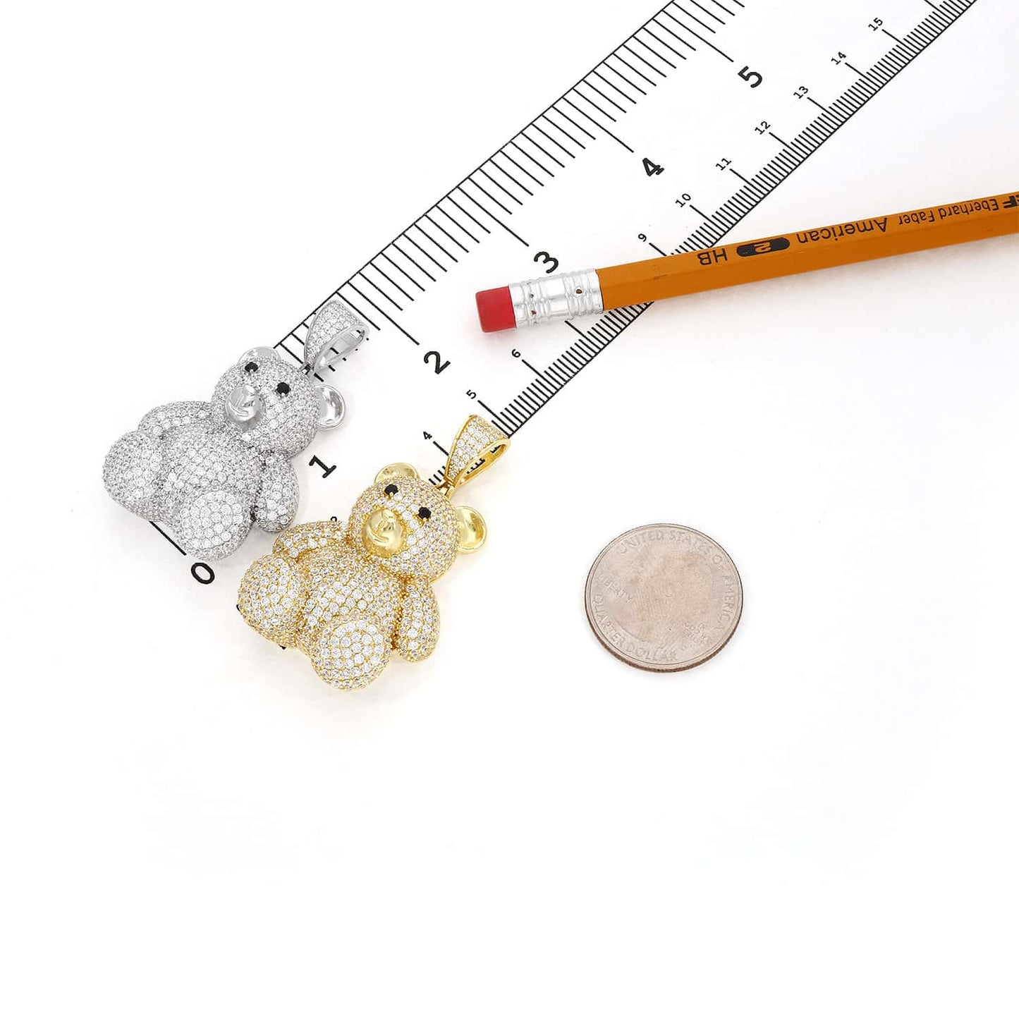 14K Gold Over Sterling Silver Pave CZ Teddy Bear Pendant 1.97"