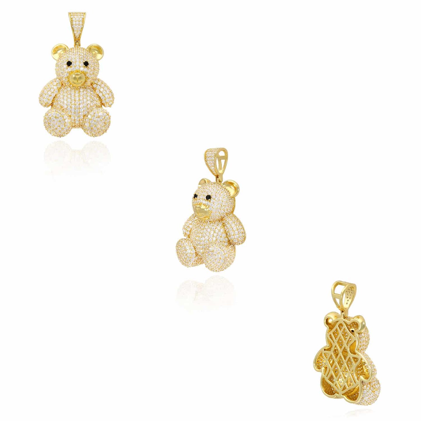 14K Gold Over Sterling Silver Pave CZ Teddy Bear Pendant 1.97"