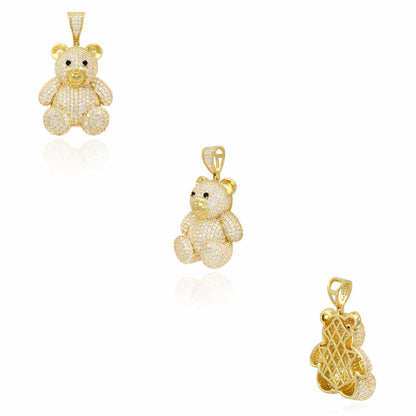 14K Gold Over Sterling Silver Pave CZ Teddy Bear Pendant 1.97"