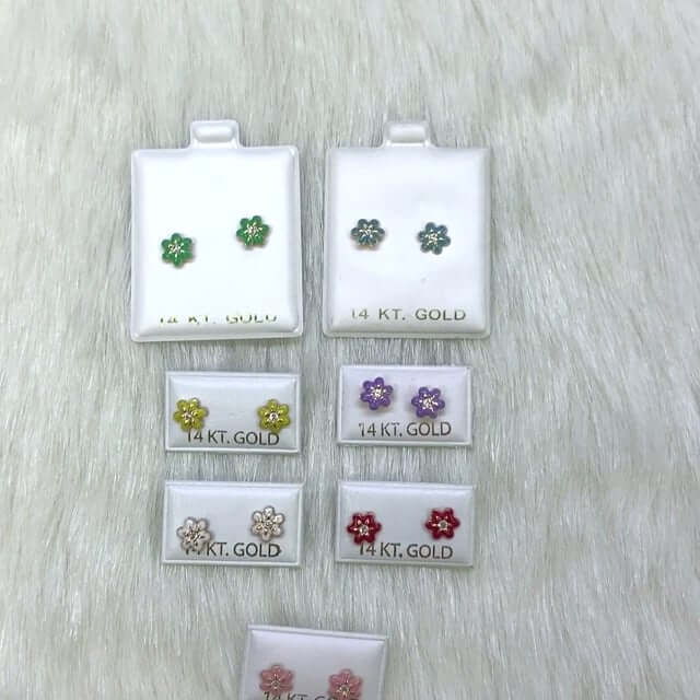 Kids 14K Gold Enamel Flower CZ Screw Back Baby Stud Earrings 7mm