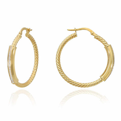 10K Gold Twisted Tube Pave Glitter Bar Hoop Earrings 30mm