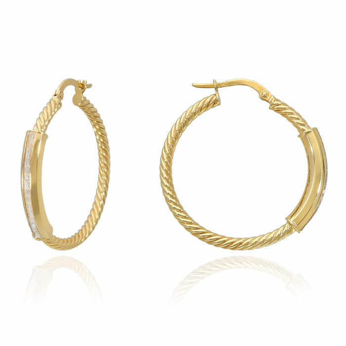 10K Gold Twisted Tube Pave Glitter Bar Hoop Earrings 30mm
