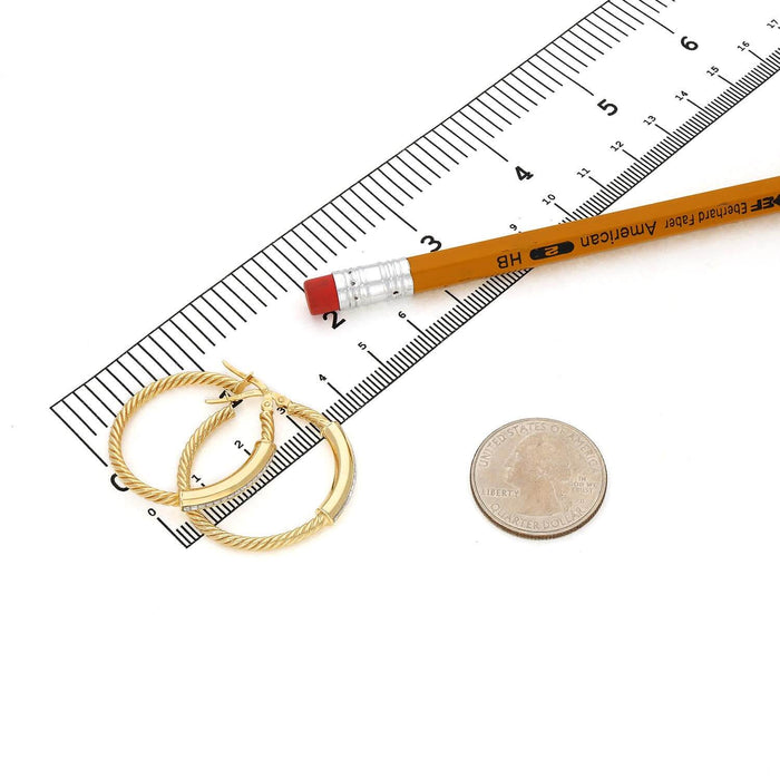 10K Gold Twisted Tube Pave Glitter Bar Hoop Earrings 30mm