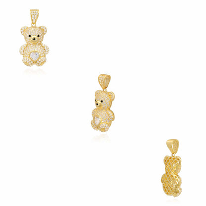 14K Gold CZ Color Birthstone Puffed Teddy Bear Charm Pendant 1.2"