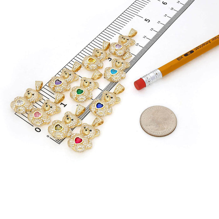 14K Gold CZ Color Birthstone Puffed Teddy Bear Pendant 1.2"