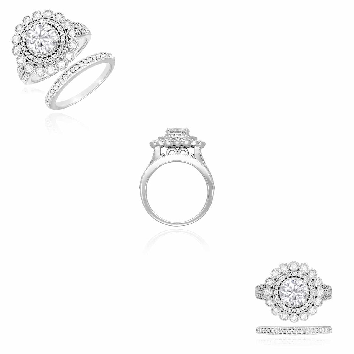 1.95CTW Natural Diamond Moissanite Milgrain 14K Gold White Halo Bridal Ring Set