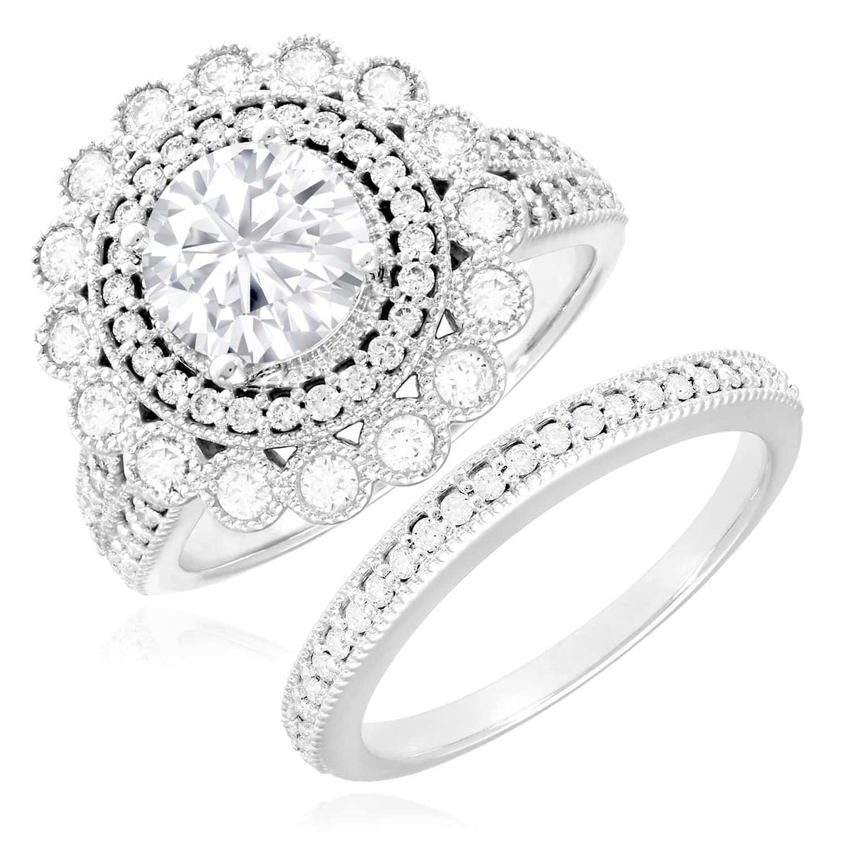 1.95CTW Natural Diamond Moissanite Milgrain 14K Gold White Halo Bridal Ring Set
