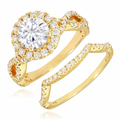 2.05CTW Natural Diamond & Moissanite Twisted Shank Halo 14K Gold Bridal Ring Set