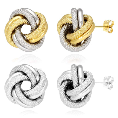 14K Two-Tone White Gold Mesh Tube Love Knot Stud Earrings 14mm