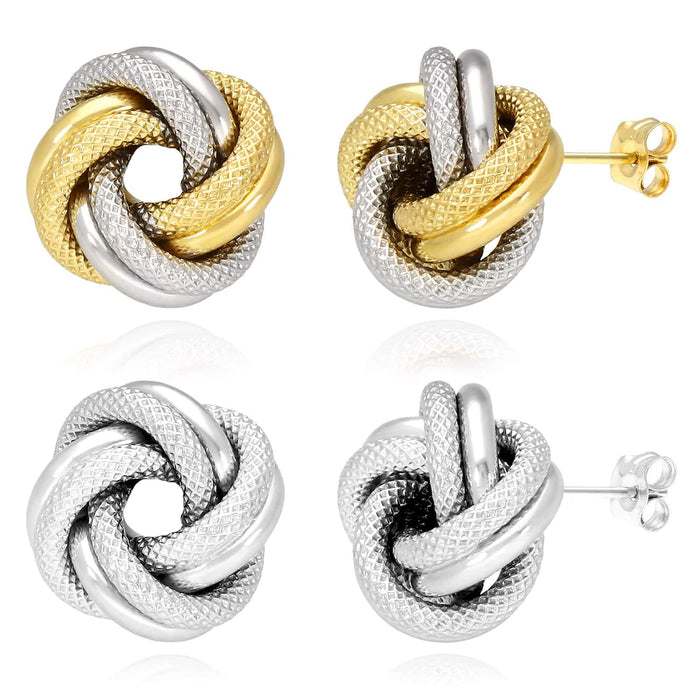 14K Two-Tone White Gold Mesh Tube Love Knot Stud Earrings 14mm