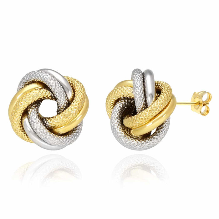 14K Two-Tone White Gold Mesh Tube Love Knot Stud Earrings 14mm