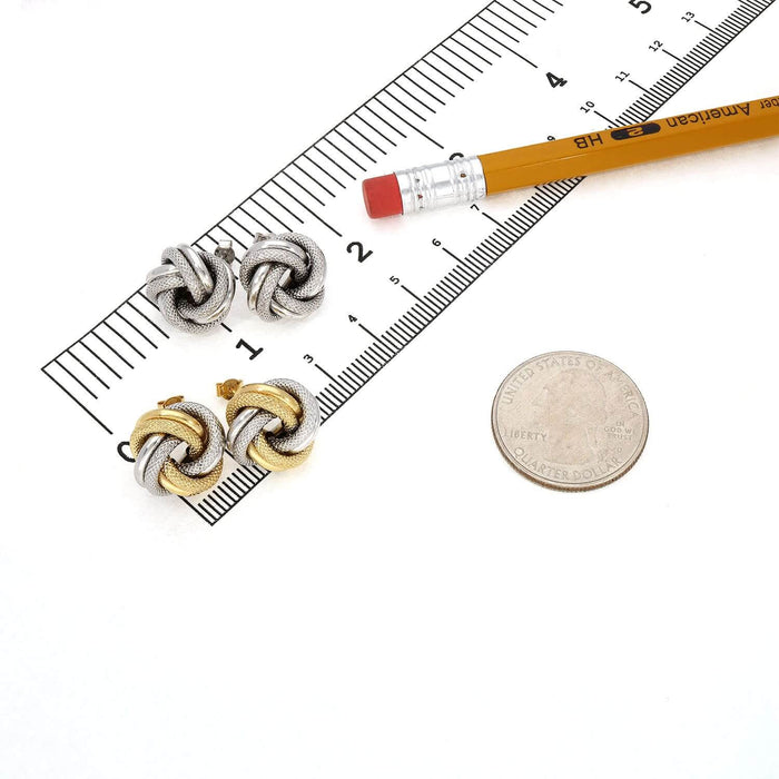 14K Two-Tone White Gold Mesh Tube Love Knot Stud Earrings 14mm