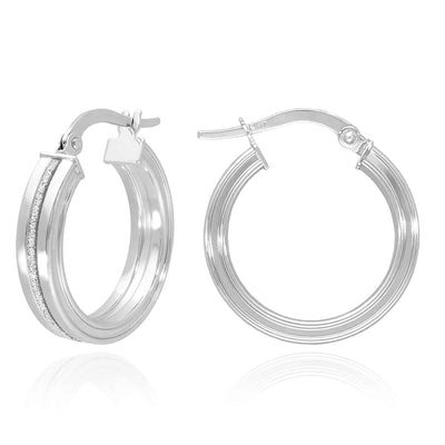 14K White Gold Glitter Line Hoop Earrings 21mm