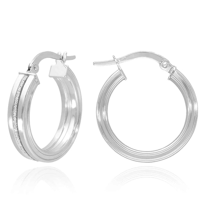 14K White Gold Glitter Line Hoop Earrings 21mm