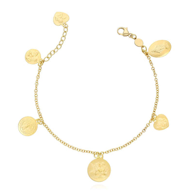 10K Gold Religious Saint Angels Heart Medal Charms Bracelet (Hollow) 6.5"-7.5" Adjustable