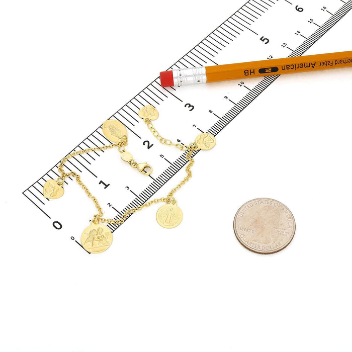 10K Gold Religious Saint Angels Heart Medal Charms Bracelet (Hollow) 6.5"-7.5" Adjustable