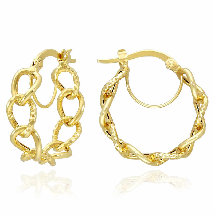 10K Gold Twisted And Faceted Link Oval Hoop Earrings 20mm
