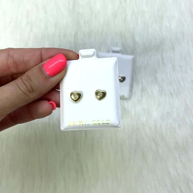 14K Yellow White Gold CZ Puffed Heart Stud Earrings 7mm