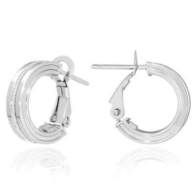 14K White Gold Glitter Strip Line Clip-On Post Half Hoop Earrings 18mm