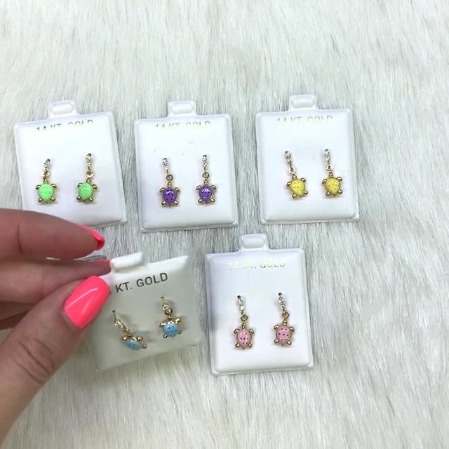 Kid's 14K Gold CZ Enamel Turtle Screw Back  Stud Earrings