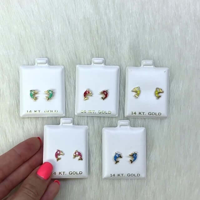Kids 14K Yellow Gold CZ Enamel Dolphin Screw Back Stud Earrings