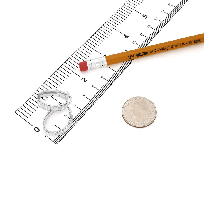 14K White Gold All-Around Diamond-Cut Stripes Flat Tube Oval Hoop Earrings 25mm