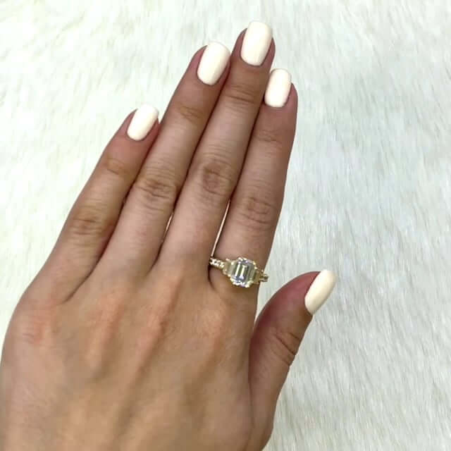 3Ct Emerald-Cut CZ Three-Stone Engagement Ring 14K Yellow Gold