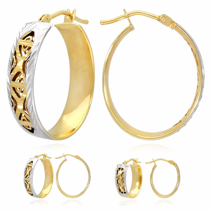 14K Two-Tone Gold Diamond-Cut Out Oval Shape Hoop Earrings 20mm-25mm