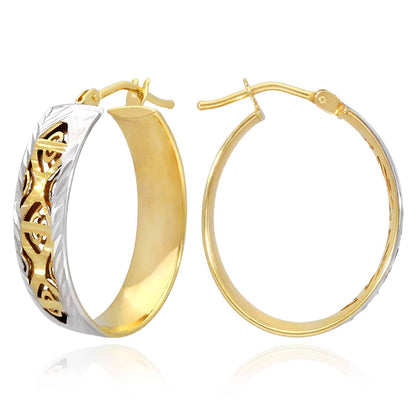 14K Two-Tone Gold Diamond Cut Out Oval Shape Hoop Earrings 20mm-25mm