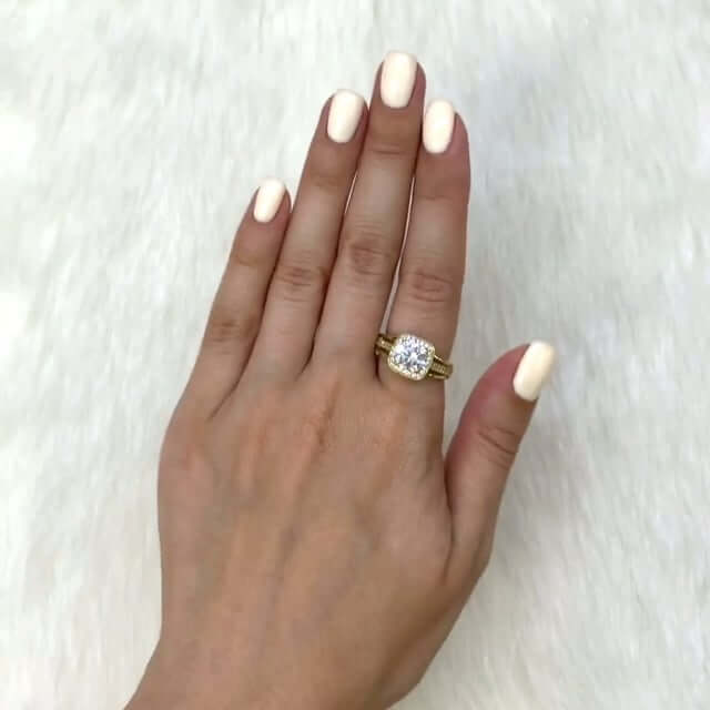 2.4TCW CZ Round-Cut Square 14K Yellow Gold Halo Engagement Ring