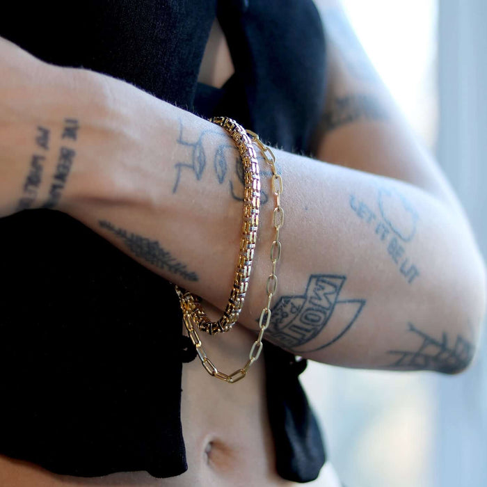 10K Gold Two-Tone Yellow White 5mm Square Bicycle Rolo Bracelet (Hollow) 8.5"