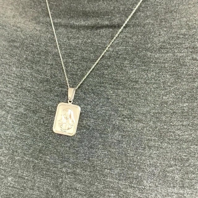 925 Silver Holy Mary Rectangle Medallion Pendant With 18" Cable  Chain