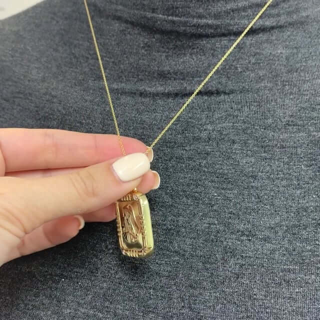 Yellow Gold Over 925 Silver Diamond-Cut Holy Mary Rectangle Prayer Pendant