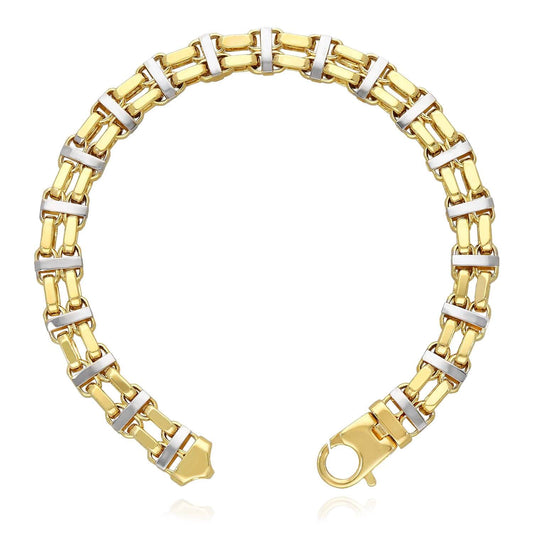 14K Real Two-Tone White 8.5mm Hollow Bike Double Rolo Bracelet 8.75"