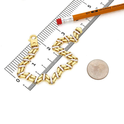 14K Real Two-Tone White 8.5mm Hollow Bike Double Rolo Bracelet 8.75"